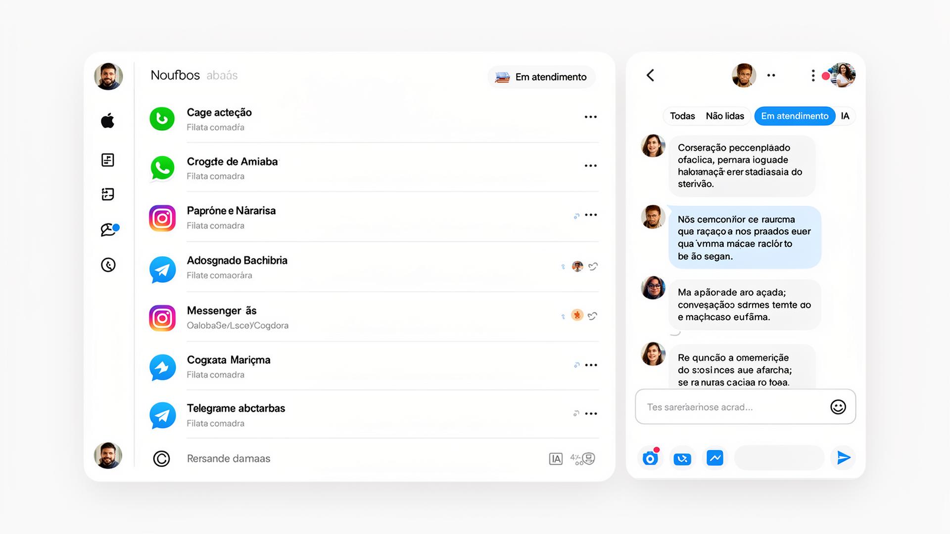 Inbox unificada com canais WhatsApp, Instagram, Messenger e Telegram
